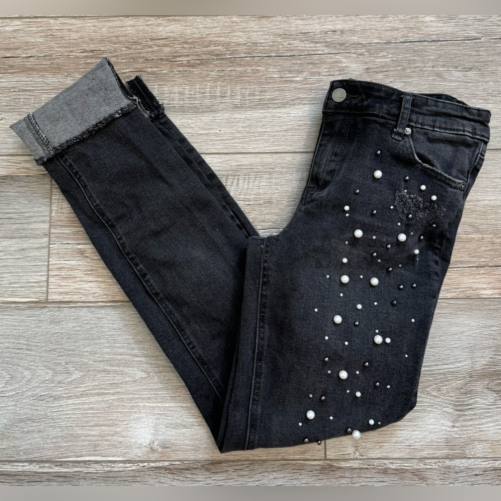 Tractr ~ Girls Black Distressed Raw Hem Jeans With Pearls & Gems‎ Size 14